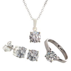 Ella Sterling Silver Round Cubic Zirconia Solitaire Necklace Earring And Ring Set