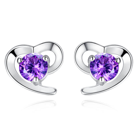 Ella Purple Heart Sterling Silver CZ Stud Earrings