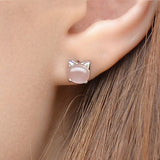 Ella Rose Quartz Kitty White  Sterling Silver Stud Earrings